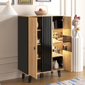Furnishings Home Seitenschrank Beistellschrank sideboard Highboard (80x40x120 cm) Holzstreifendesign, Mit Glastür und LED-Beleuchtung, 8 Fächer