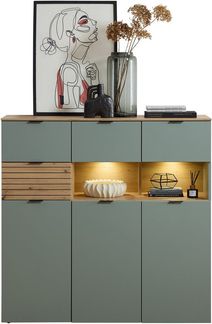 Stella Trading INA Highboard in Schilfgrün, Artisan Eiche Optik FSC-Zertifiziert - Moderner Wohnzimmerschrank mit Schubladen und LED-Beleuchtung - 125 x 125 x 45 cm (B/H/T)