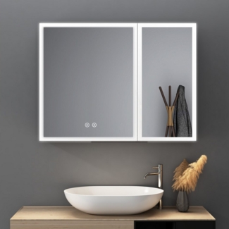 WDWRITTI Spiegelschrank Schwarz Metall Badezimmerspiegelschrank mit 3Lichtmodi Anti-fog 80x60 (Badschrank mit Spiegel Hängeschrank Doppeltür, Helligkeit dimmbar, Speicherfunktion) Alu-Schranktür, Doppelseitiger Spiegel, Verstellbare Glasböden