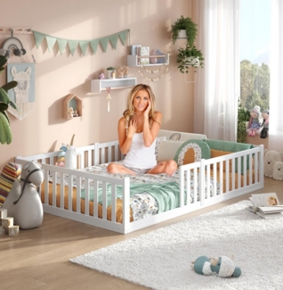 Alavya Home® Einzelbett Bodenbett TITAN aus BUCHE FSC® zertifizert, bodentiefes weiß bett mit Rausfallschutz & Lattenrost