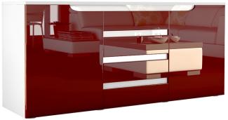 Sideboard Kommode Sylt V1, Korpus in Weiß matt / Front in Bordeaux Hochglanz mit Absetzungen in Weiß Hochglanz (139 x 72 x 35)