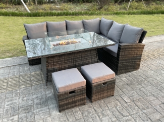 Fimous High Back Rattan Gartenmöbel Sets Gas Feuer Grube Esstisch Set Gas Heizung Rechte Ecke Sofa Kleine Fußhocker 8 Sitzer