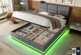 LVHOM Boxbett 90/140/160/180x200 cm mit LED, USB, Typ C-Ladeanschluss, Bettkasten (Zwei Hauptstützstangen, Weicher, hautfreundlicher Samtstoff, Leuchten in 16 Farben, Seitlicher Ladeanschluss, Integriertes Hydrauliksystem, Bettkasten Platzsparend, Bett...