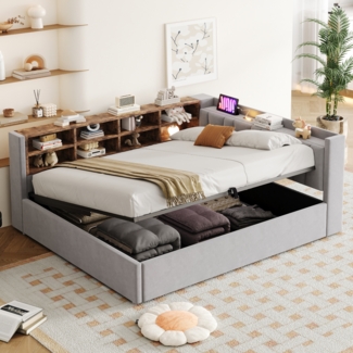 Merax Doppelbett Polsterbett Schlafsofa 140*200 cm, Mit Hydraulischem Stauraum, Mit Nachtlicht, USB- und Typ-C-Ladeanschluss, Mit Ablagen und Staufächern, Samtstoff Hellgrau
