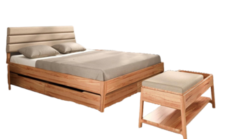 Bett Swig 2 Kernbuche massiv 160x200 mit Polsterkopfteil Beige und Holzbeinen