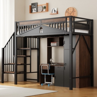 KLAM HOME Hochbett Metall-Hochbett 90 x 200 cm, mit Fenster, Treppe und Sicherheitszaun Genügend Platz unter dem Bett für freien Stoffbezug, Schwarz