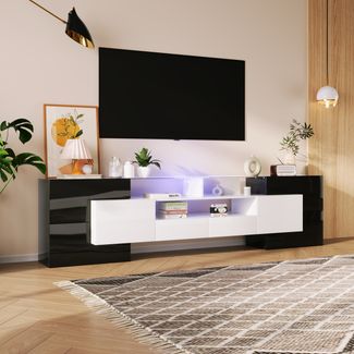TV-Schrank B 200 x T 35 x H 60 cm aus Spanplatte/MDF, Schwarz-Weiß Hochglanz mit LED