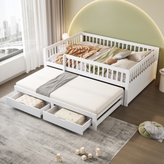 Schlafsofa, Vollverkleidetes Sicherheitsgitter, Ausziehbares Bett mit 2 Schubladen darunter, Mit Lattenrost, Kinderbett Jugendbett Gästebett Erwachsene, Massivholz, Weiß, 140 x 200 cm