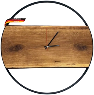 DELUKE® Wanduhr groß Holz PHIL [HANDGEFERTIGT] - 58cm ⌀, Eiche, Geräuschlos | Wohnzimmeruhr Holz-Metalloptik Küchenuhr Dekouhr