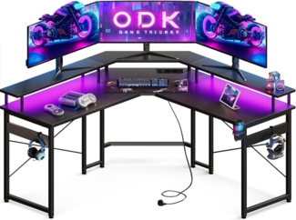 Gaming Schreibtisch LED 129x129 cm 2 Steckdosen 2 USB Ladeanschluss Kohlefaser