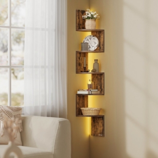 VASAGLE Eckregal mit LED-Beleuchtung, Wandregal 5 Ebenen, Schweberegal für Bücher, Bücherregal, Pflanzenregal für Schlafzimmer, Wohnzimmer, Badezimmer, Homeoffice, vintagebraun LBC630K01