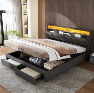 HAUSS SPOLE Polsterbett 180x200 cm mit LED-Beleuchtung,Schubladen und Staufächer, Leinen grau