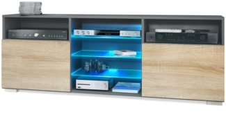 TV-Board Granada, Lowboard mit 2 Türen und 6 offenen Fächern, Korpus Anthrazit matt, Fronten in Eiche sägerau mit RGB LED-Beleuchtung (146 x 54 x 35 cm)