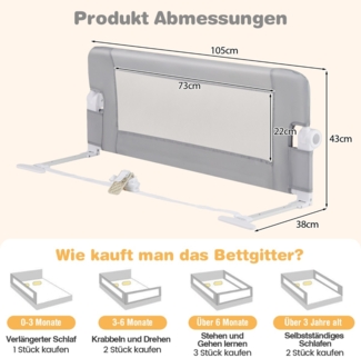 Faltbares Bettgitter Sicherheitsgitter für Kleinkinder Bettschutzgitter mit Gurt 105 x 40 x 42 cm Grau