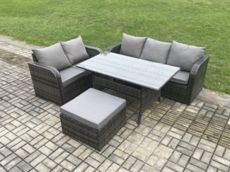 Fimous Terrassenmöbel Set Polyrattan Langer rechteckiger Esstisch und Lounge Sofa set mit Großer Fußhocker Dunkelgrau gemischt