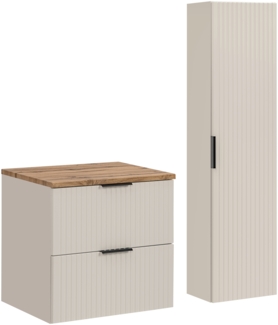 ADEL CASHMERE Badmöbel-Set 60 cm mit Waschtischplatte und Hochschrank (46x60cm), Kaschmir matt