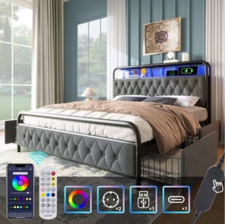 STILVORA Polsterbett Stauraumbett 140×200 Bettgestell Jugendbett mit LED-Beleuchtung, USB-C (Doppelbett, 140×200CM, mit Bettrahmen und 4 Schubladen, ohne Matratze), mit aufladen USB Type C Ladefunktion APP-Control LED