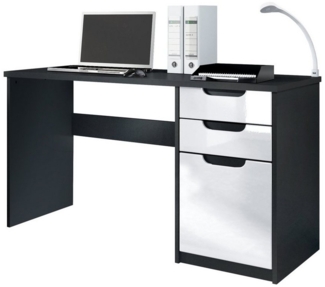 Vladon Schreibtisch Logan, Bürotisch mit 2 Schubladen und 1 Tür, Schwarz matt/Weiß Hochglanz (129 x 76 x 60 cm)