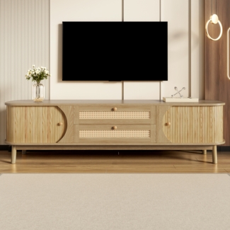 TV-Schrank im Landhausstil mit Rattan, 170 x 39,5 x 46 cm, Natural, für TVs bis 59 Zoll