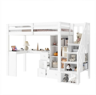 REDOM Hochbett Funktionsbett,Stauraumbett,Einzelbett,Kinderbett (Hochbett 90x200 cm mit Schreibtisch, Schubladen & Stauraum, Hochbett 90x200 cm) ohne Matratze