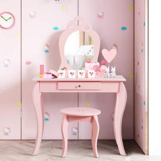 COSTWAY Kinder Schminktisch mit Hocker und abnehmbarem Spiegel, Holz pink, 34 x 70 x 105 cm