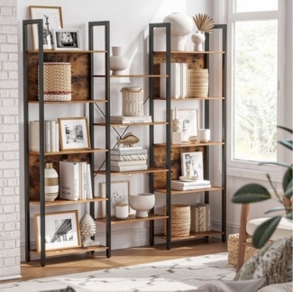 Bücherregal mit 14 Ablagen, Regal mit Metallrahmen, für Wohnzimmer, Arbeitszimmer, Büro, Industrie-Design, vintagebraun-tintenschwarz
