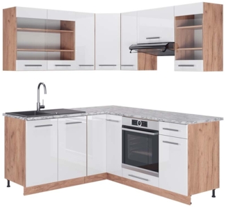 Eckküche Fame-Line Weiß Hochglanz/Goldkraft Eiche 190 x 60 cm , AP Marmor Vicco