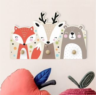 Bilderdepot24 Garderobenpaneel pastell Muster Tiere Süße Waldtiere (Kindergarderobe holz Kleiderhaken für die Wand inkl. Montagematerial), moderne Wand Garderobenleiste Flur - kleine Hakenleiste Kinderzimmer