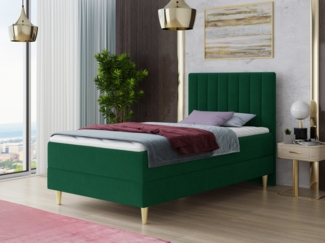 Boxspringbett Gold Mini mit Bettkasten, Bonell-Matratze und Topper - Einzelbett mit Matratzentopper, Polsterbett, Bett, Schlafzimmer, Jugendzimmer, Velours Stoff (Grün (Manila 35), 100 x 200 cm)