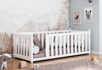 Kids Collective Kinderbett Bodenbett 90x200cm Montessori Bett Gitterbett Jugendbett, mit Rausfallschutz & Lattenrost, 208×97×68 cm (TxBxH), Weiß