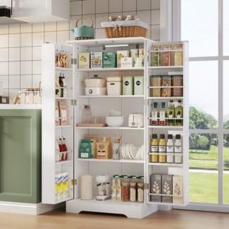 OKWISH Sideboard Modernes Küchenschrank (mit LED-Sensorlicht & Gewürzregal-Weiß, Verstellbare Regalböden, Flexible Aufbewahrung für Küche & Wohnzimmer, Elegantes Design mit Goldgriffen und Kippschutz, 1 St, 120x60,5x40 cm), ideal für Küche & Wohnzimmer