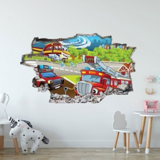 GRAVURZEILE Wandtattoo im Feuerwehr Design - Kinderzimmer -Wandsticker Wandaufkleber - (3D Wanddurchbruch & Deko, - Größe 115 x 70 cm), - V1