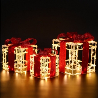Elegear LED Dekolicht Geschenkboxen 3er Set Warmweiß, Metall Hohl-Design mit roter Schleife, LED wechselbar, Warmweiß, 215 LEDs, 8 Modi & Timer, EU Stecker, Weihnachtsdeko Innen, 3 Größen