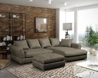 Ecksofa TIZIAN L-Form Wildlederoptik-Grau/Otto. Rechts + Hocker