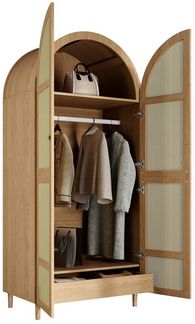 BlingBin Kleiderschrank Moderner Garderobenschrank Wäscheschrank mit Gebogenen Türen (1er Set, 1-St, Gesamtabmessungen: 80*50*179cm, Gewichtskapazität: 50kg) Mit Kleiderstange und Schubladen, Geeignet für Schlafzimmer, Natur