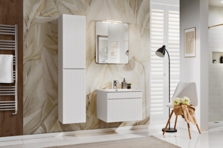 ICONIC WHITE Badmöbel-Set 60 cm mit Waschtischplatte, Wiki-Aufsatzwaschbecken, Hochschrank und Spiegel (46x60cm), Weiß matt