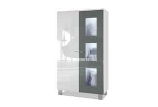 Vladon Vitrine Denjo, Standvitrine mit 2 Türen und 3 Glaseinsätzen, Weiß matt/ Weiß Hochglanz/ Grau Hochglanz inkl. LED-Beleuchtung (71 x 129 x 35 cm)