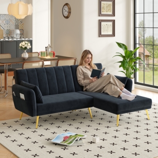 Klappsofa, L-förmiges Schlafsofa mit Zusatzecke, Schlaffunktion, geeignet für Wohnzimmer, Schlafzimmer, Heimkino, Gästezimmer
