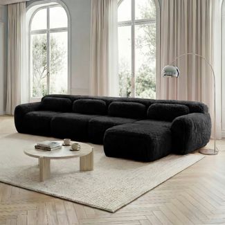 Flieks 4-Sitzer Sofa, L-förmiges Sofa, rahmenlos modular mit Ottoman & 4 Kissen, rutschfester Boden, Plüsch, Schwarz