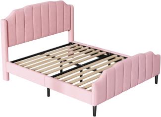 Merax Polsterbett 140x200 aus Samt Doppelbett Gästebett mit gepolstertes Kopfteil & Lattenrost Rosa