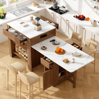 Merax Ausziehbarer Bartisch mit Stauraum(110-124×78×97.5cm), für 2-6 Personen, Kücheninseln mit 2 Schubladen, 2 seitliche offene Regale und eingebaute Steckdose,Tischplatte aus weiß marmoriertem MDF, Braun