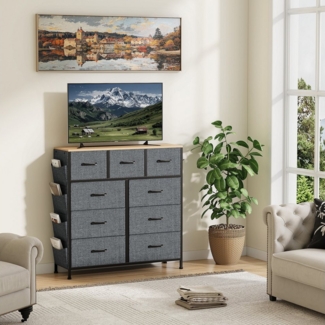 FUROKOY Kommode Stauraumschrank,Schrank Schlafzimmer,Metallrahmen,Retro Stil, Grau Vliesstoff,9 Schubladen