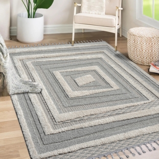 Teppich Wohnzimmer - Mäander - 160x230 cm - Creme Grau - Fransen Deko Boho Flauschig - Cut & Loop Sisal - Schlafzimmer Flur Dekoration Läufer