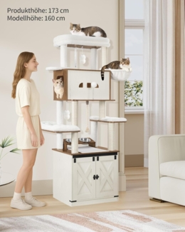 Kratzbaum, Katzenbaum mit Katzenklo Schrank, Futterstation, 173 cm Hoch, mit Großer Plattform, Sisalseil, Hängematte, Waschbares Kissen, Plüschbälle, Weiß und Braun