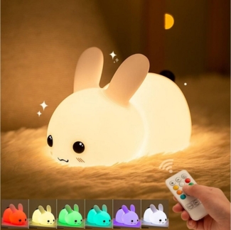 ZEUOPQ LED Nachtlicht LED Nachtlicht LED Baby Silikon Nachttischlampe mit Fernsteuerung RGB, süße Hasennachtlampe, LED fest integriert, siebenfarbiges Licht, mit Timing, Touch&Fernbedienung-Steuerung, USB Aufladbare, für Baby, Kinderzimmer, Camping, Ge...