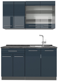 Singleküche Fame-Line Dunkelblau Hochglanz/Anthrazit 140 cm , AP Anthrazit Vicco