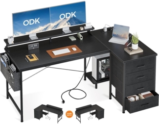 ODK L-förmiger Schreibtisch Schwarz USB-Ladestation 4 Schubladen 160x80cm