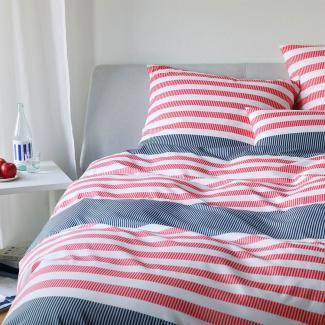 elegante Jersey Bettwäsche Summerstripe blau-rot | 135x200 cm + 80x80 cm