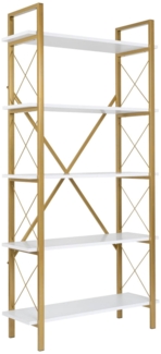 Dmora Bücherregal Suriel, Büroregal, Mobiler Buchhalter, Bücherbrett, 90x34 h180 cm, Weiß und Gold