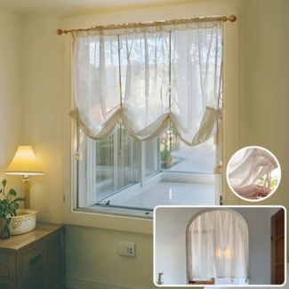 Jibenhome Raffrollo Vintage Raffgardine Stangentasche,Halbtransparent Leinen Sichtschutz, Beige Bindegardine für Tür & Fenster